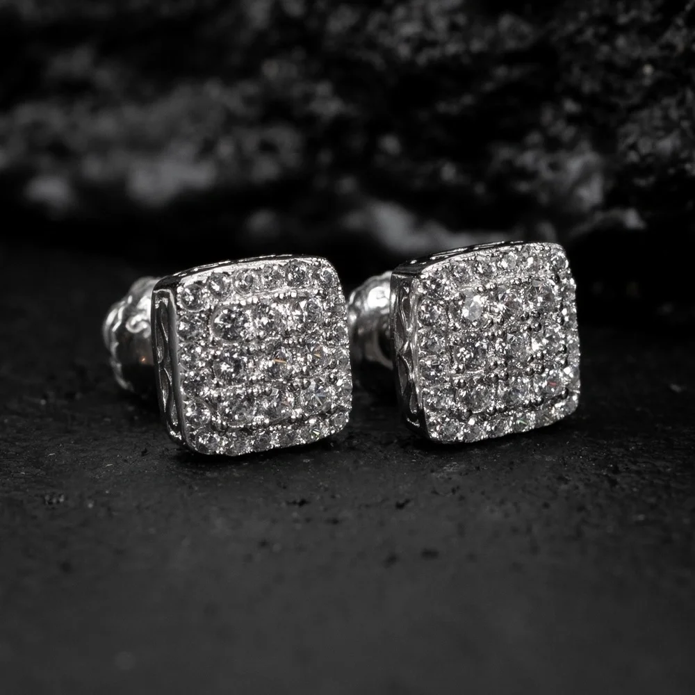Iced White Gold Square Hip Hop Sterling Silver Mens Stud Screw Back Earrings